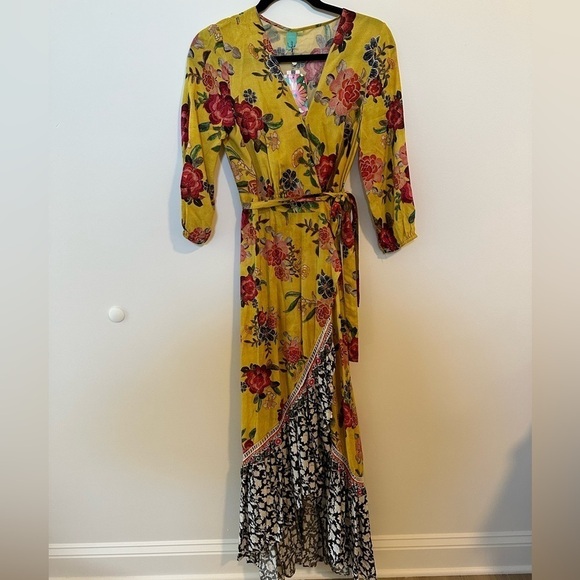 NWT Women's Farm Rio Sunlit Floral Wrap Maxi Dress Marigold yellow XXS - Picture 5 of 7
